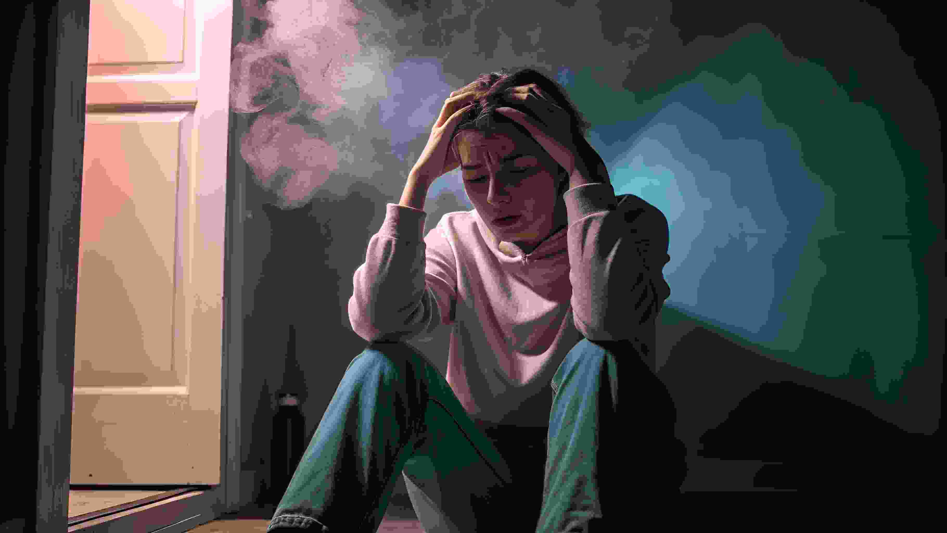 Тревожная девушка сидит на полу в комнате с дымом и плохим освещением